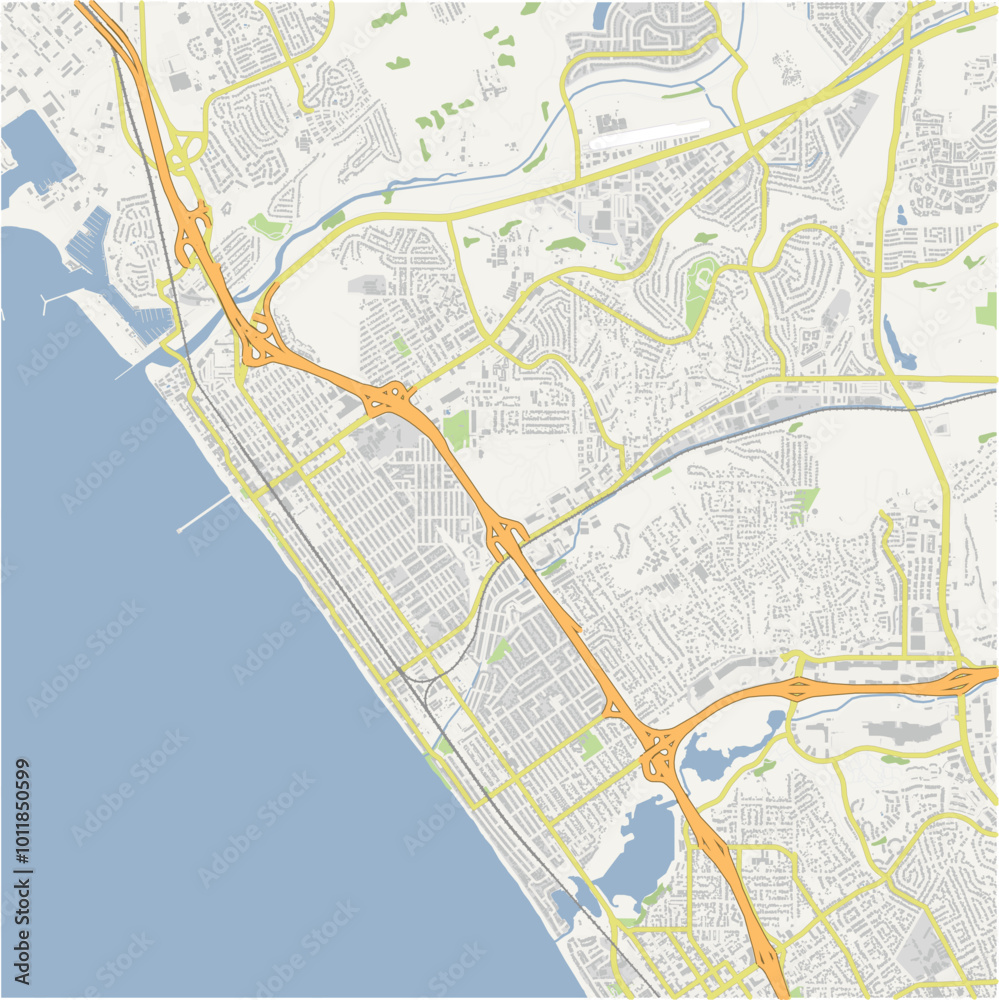 Map of Oceanside in California in a normal road map style. Contains layered vector with roads water, parks, etc. Map of Oceanside in California in a normal road map style. Contains layered vector with roads water, parks, etc.