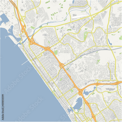 Map of Oceanside in California in a normal road map style. Contains layered vector with roads water, parks, etc.