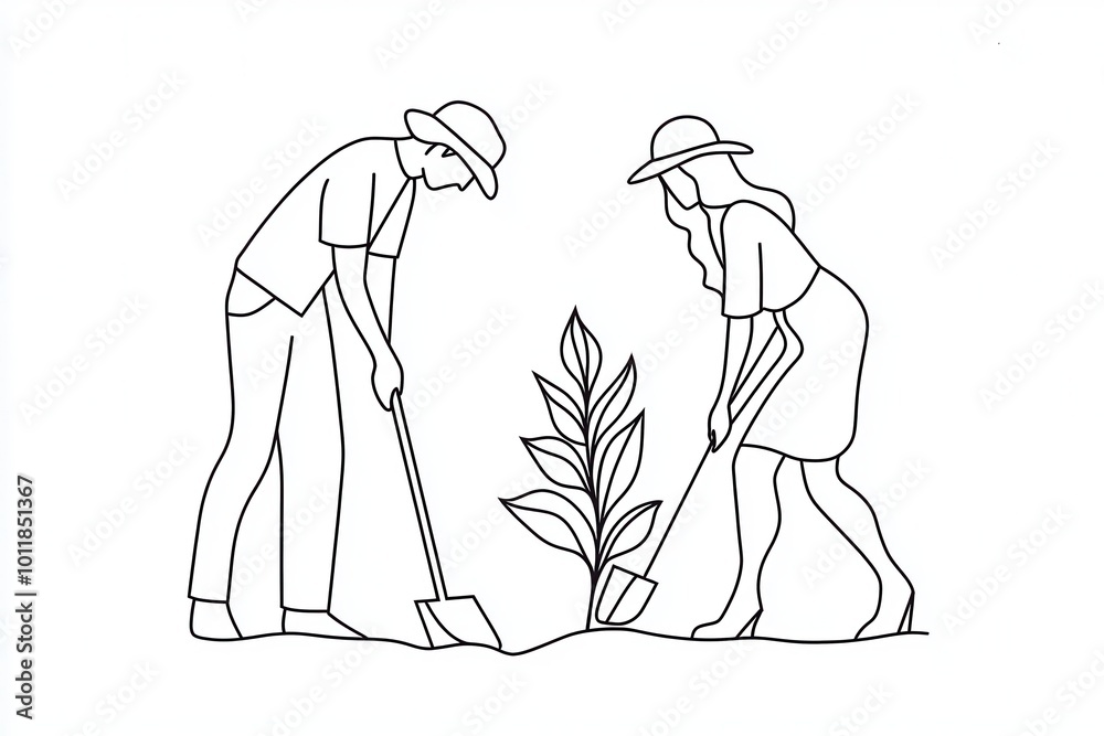 Minimalist one-line drawing of a man and woman planting a tree, symbolizing teamwork and environmental care. Minimalist one-line drawing of a man and woman planting a tree, symbolizing teamwork and environmental care.