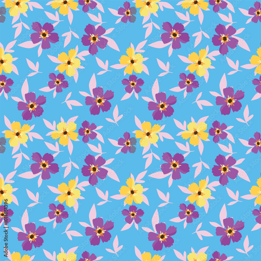 Fototapeta premium blue seamless vector stock flowers with leaves pattern on cream background