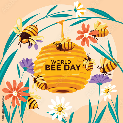 World Bee Day creative template with bee illustration and honeycomb world map background