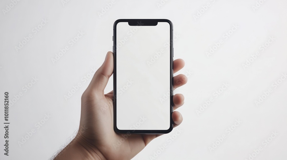 A hand holding a smartphone with a blank screen, symbolizing communication and technology. A hand holding a smartphone with a blank screen, symbolizing communication and technology.