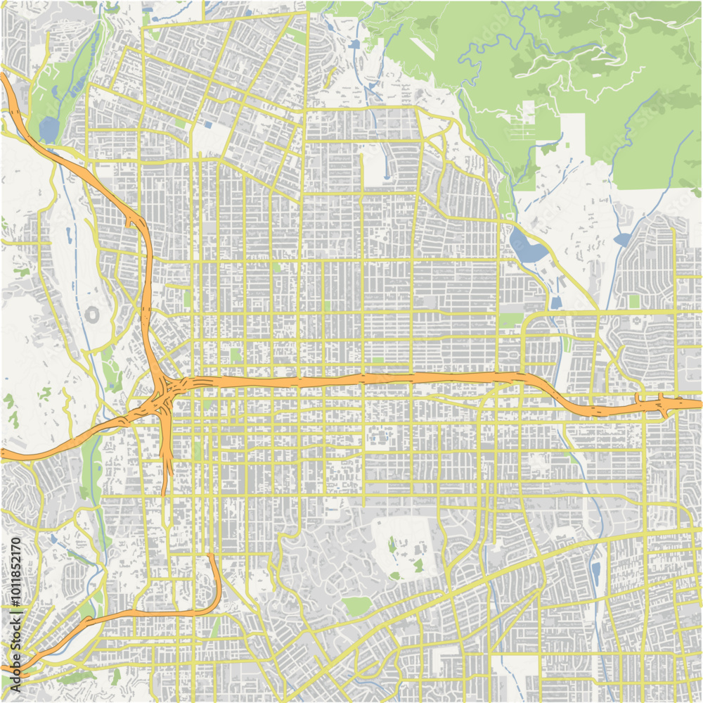 Map of Pasadena in California in a normal road map style. Contains layered vector with roads water, parks, etc. Map of Pasadena in California in a normal road map style. Contains layered vector with roads water, parks, etc.