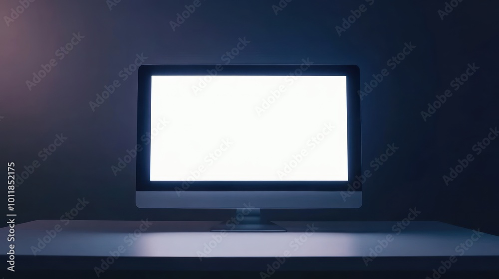 Fototapeta premium A blank computer monitor on a desk in a dimly lit environment.