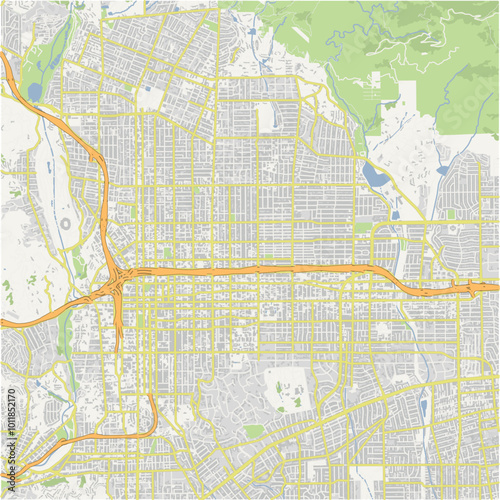 Map of Pasadena in California in a normal road map style. Contains layered vector with roads water, parks, etc.