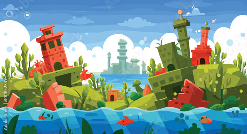 Colorful cartoon postapocalyptic landscape with ruined buildings