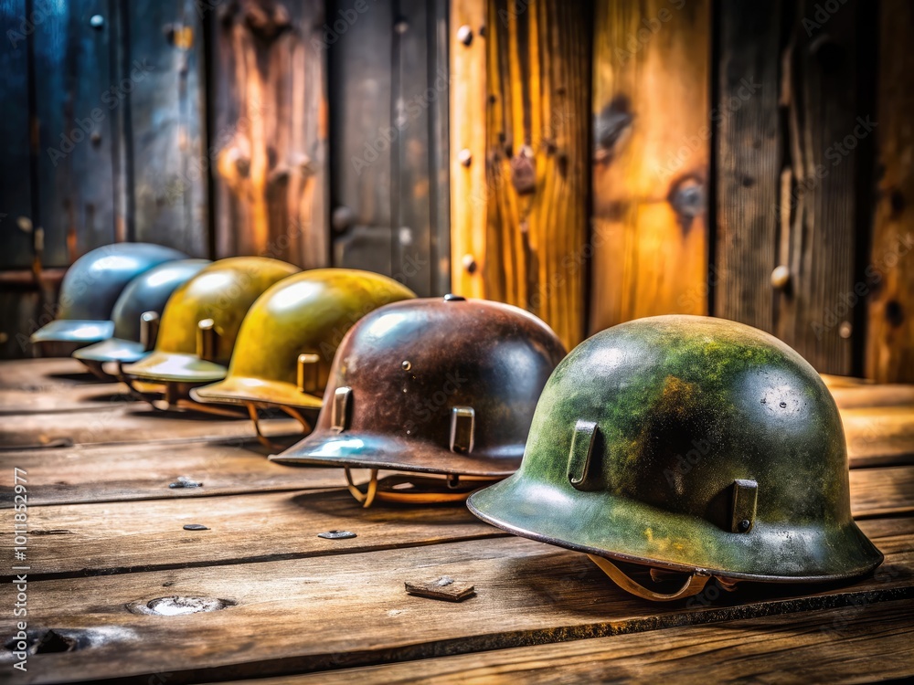 Obraz premium Authentic World War II German Helmets Displayed on a Rustic Wooden Table for Historical Reflection