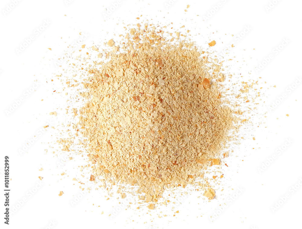 Nutritional yeast pile (deactivated yeast) isolated on white, top view Nutritional yeast pile (deactivated yeast) isolated on white, top view