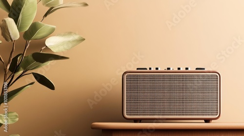 A retroinspired compact speaker with a gridpatterned grille, blending seamlessly into a room decorated in 1970s decor photo