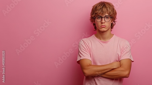 Young man with neutral expression in pink t-shirt against solid pink background