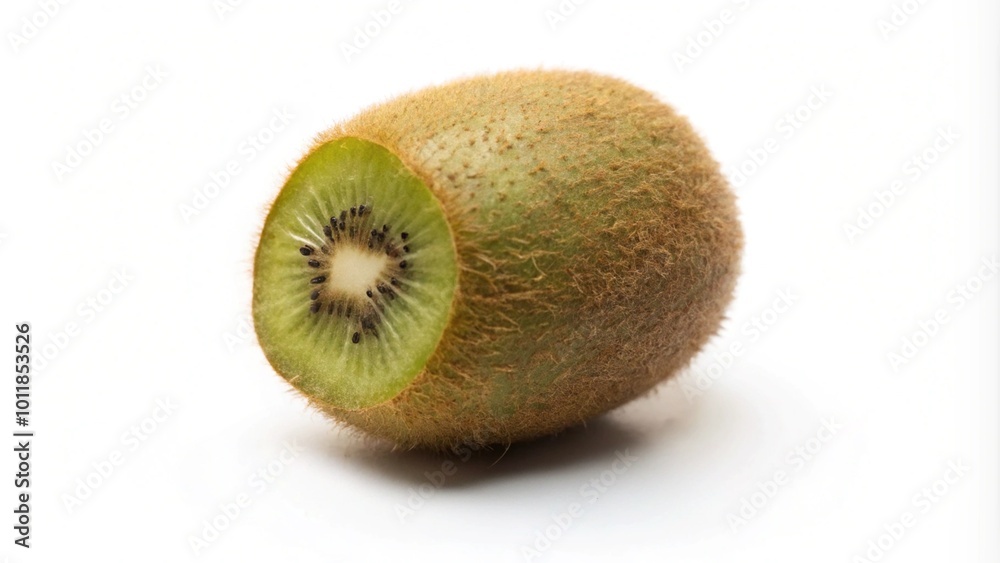 Obraz premium A whole kiwi fruit with half cut away to reveal its green flesh and black seeds, isolated on a white background.