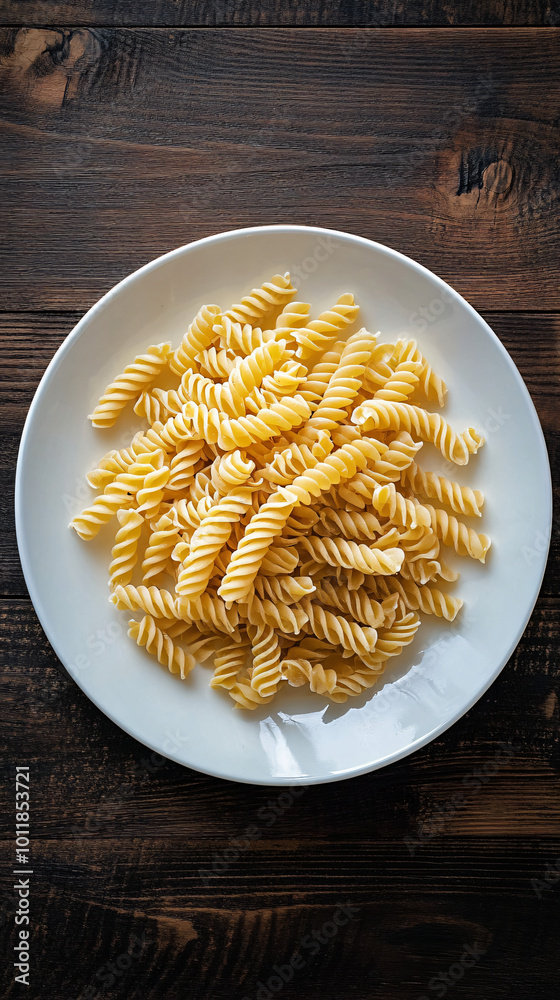 Mound of uncooked rotini pasta sits on a white plate atop a dark wooden table Mound of uncooked rotini pasta sits on a white plate atop a dark wooden table