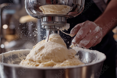 Chef uses a stand mixer to prepare dough photo