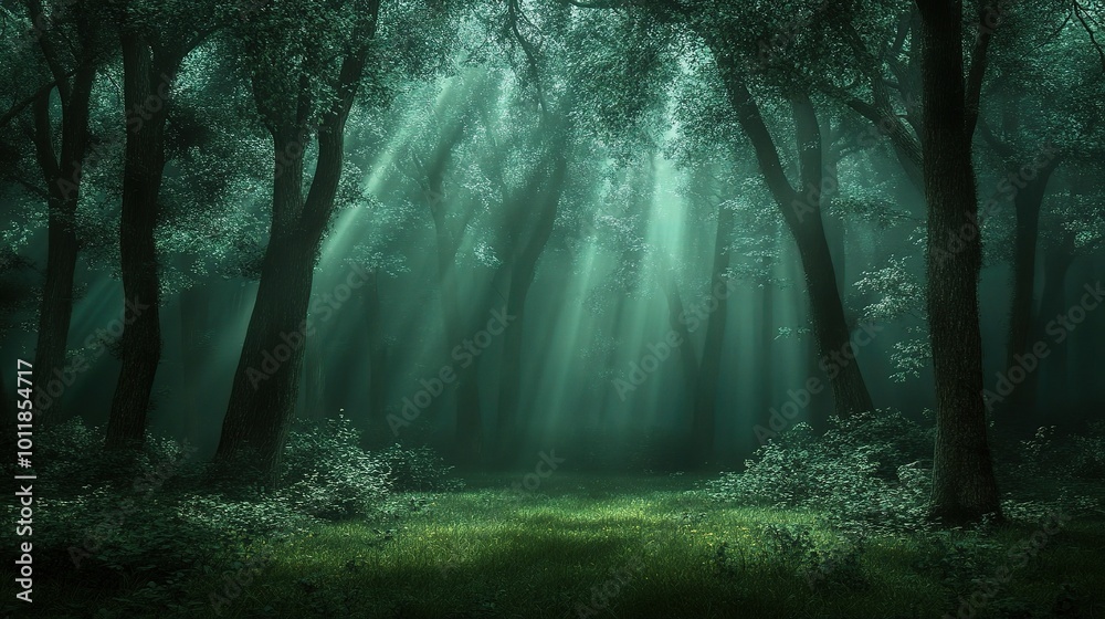 Fototapeta premium Mystic Forest with Sunlight Beams and Green Foliage