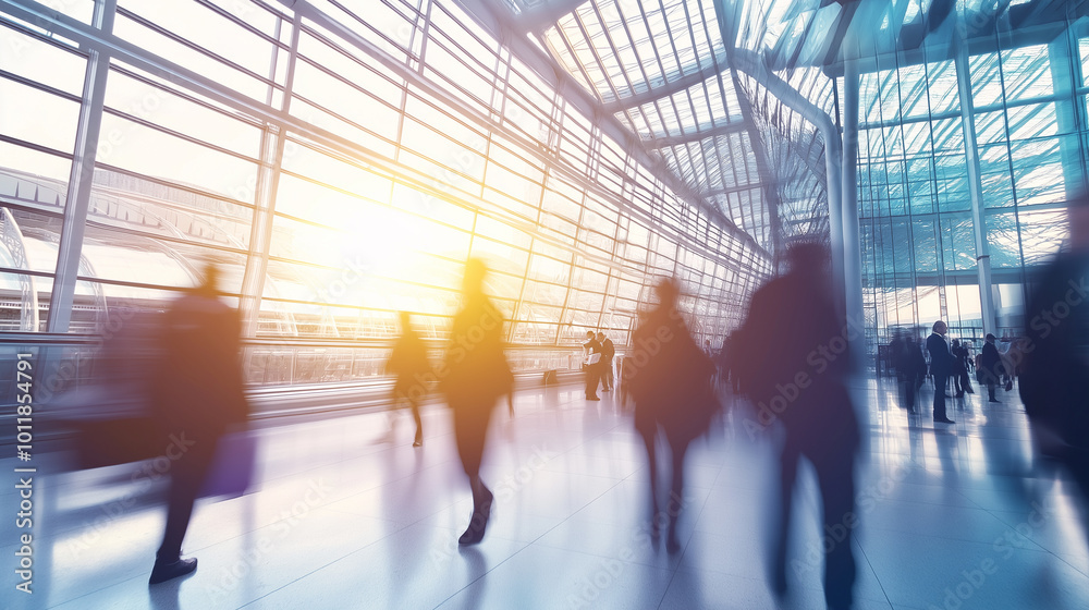 Blurred motion of people walking in a bright, busy airport terminal with sunlight streaming through large windows. Blurred motion of people walking in a bright, busy airport terminal with sunlight streaming through large windows.