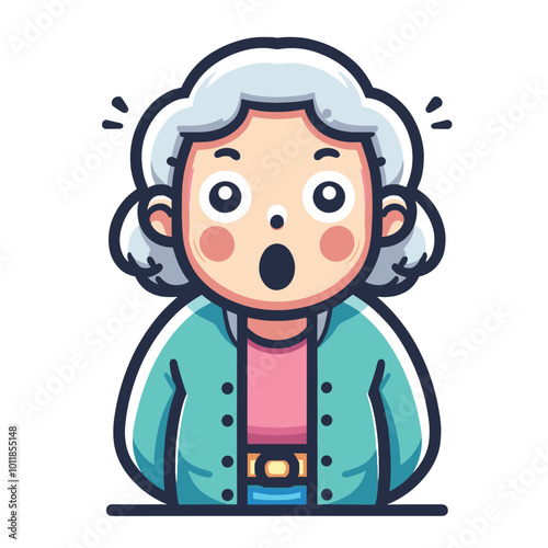 Surprised cartoon character with white hair in colorful outfit