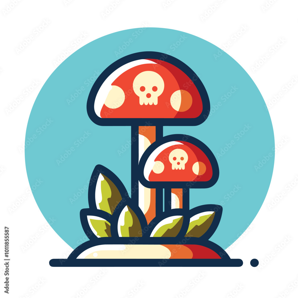 Colorful poisonous mushroom illustration with skulls and leaves Colorful poisonous mushroom illustration with skulls and leaves