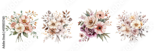 Watercolor set of vintage bouquets of flowers png. Retro floral compositions from various flowers and dried flowers. Concept of invitation, wedding, etc. Vintage watercolor, vector illustration.