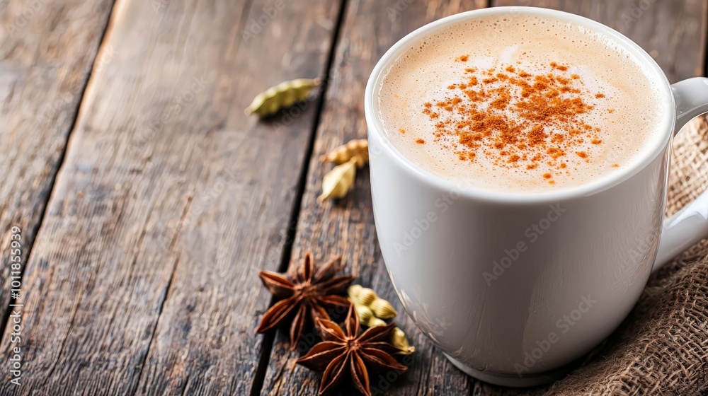 A frothy chai latte in a ceramic mug, topped with a sprinkle of cinnamon, sitting on a rustic wooden table next to star anise and cardamom A frothy chai latte in a ceramic mug, topped with a sprinkle of cinnamon, sitting on a rustic wooden table next to star anise and cardamom