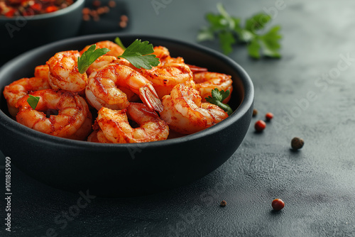 Juicy shrimps stir-fried with spices and greens