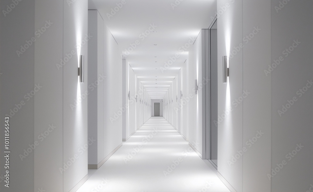 Fototapeta premium Bright, endless futuristic white corridor with lights and symmetrical design.