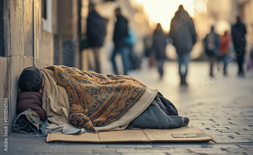 Elderly homeless man sitting on the street with a thoughtful expression in an urban setting. photo