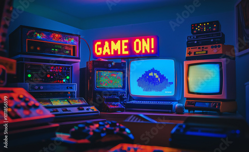 Neon-lit gaming setup with retro consoles, controllers, and a glowing 