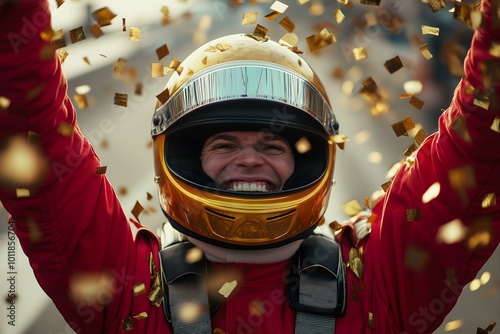 Celebrating driver with confetti, joyful moment