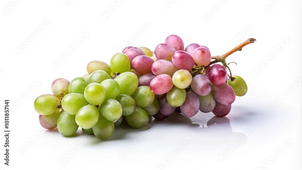 A bunch of green and pink grapes with a stem isolated on a white background. A bunch of green and pink grapes with a stem isolated on a white background.