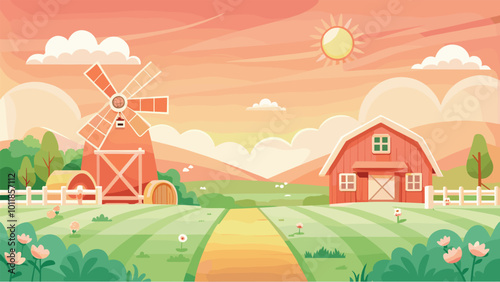 Charming cartoon farm landscape with windmill at sunset
