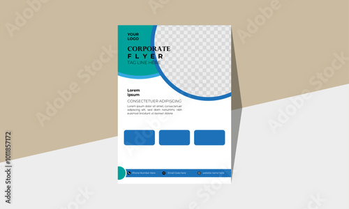 Corporate flyer design, geometric shape with a futuristic look, and three different colors.