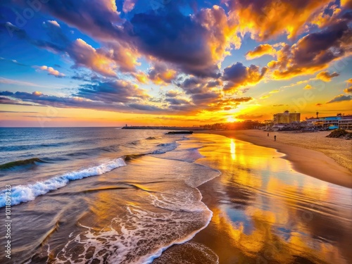 Beautiful Asbury Park Beach at Sunset with Golden Sand and Calm Ocean Waves Under Colorful Sky photo
