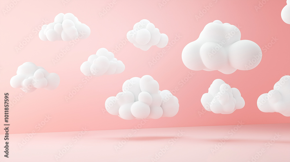 Fototapeta premium Paper clouds on a pastel pink background, representing creativity, imagination, and minimalistic design.
