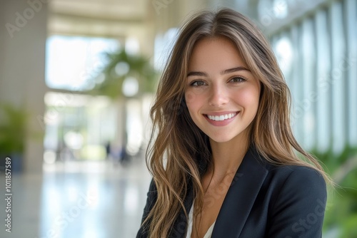 Cute commercial business corporate representative woman model brunette smiling in large building hall lobby, Generative AI