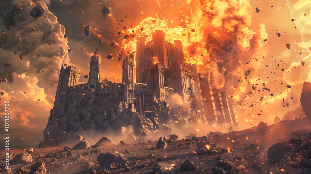 Massive Energy Blast Decimates Fantastical Castle in Cataclysmic Explosion of Debris and Destruction Massive Energy Blast Decimates Fantastical Castle in Cataclysmic Explosion of Debris and Destruction