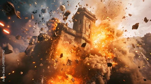 Explosive Fantasy Castle Decimated by Catastrophic Energy Blast photo