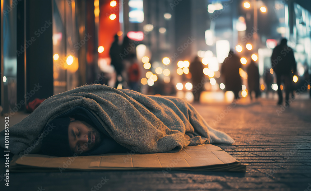 Obraz premium Homeless man sleeping on the street under a blanket, conveying themes of poverty, struggle, and urban life.