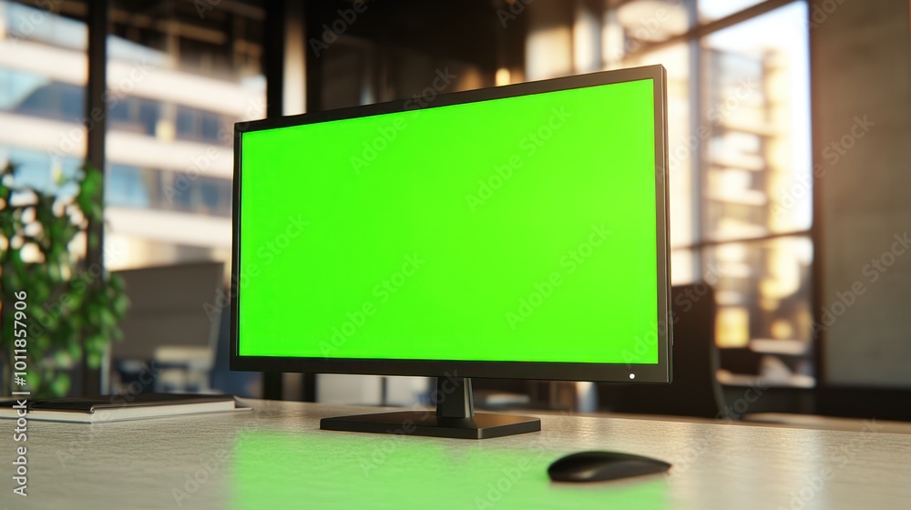 A modern workspace featuring a monitor with a green screen, ideal for presentations or editing. A modern workspace featuring a monitor with a green screen, ideal for presentations or editing.