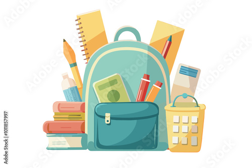 Colorful school supplies in backpack illustration for backtoschool season