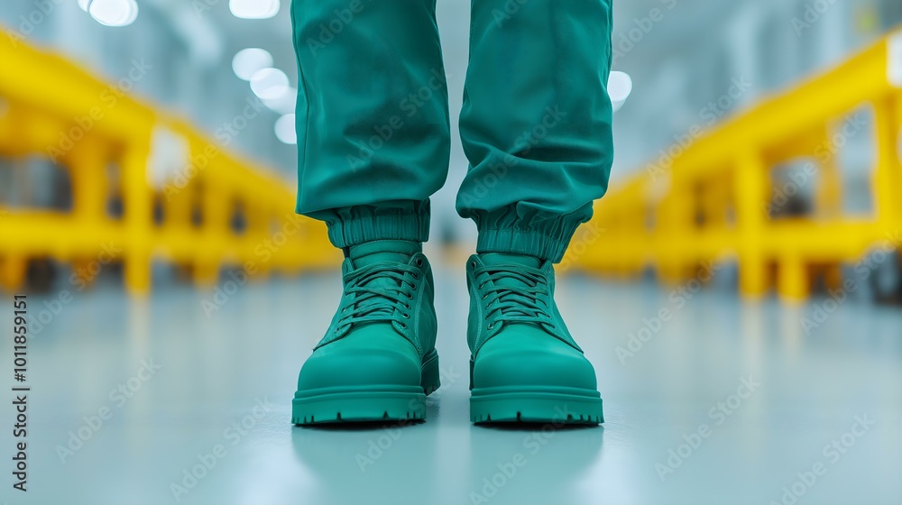 Obraz premium Green safety boots on factory floor
