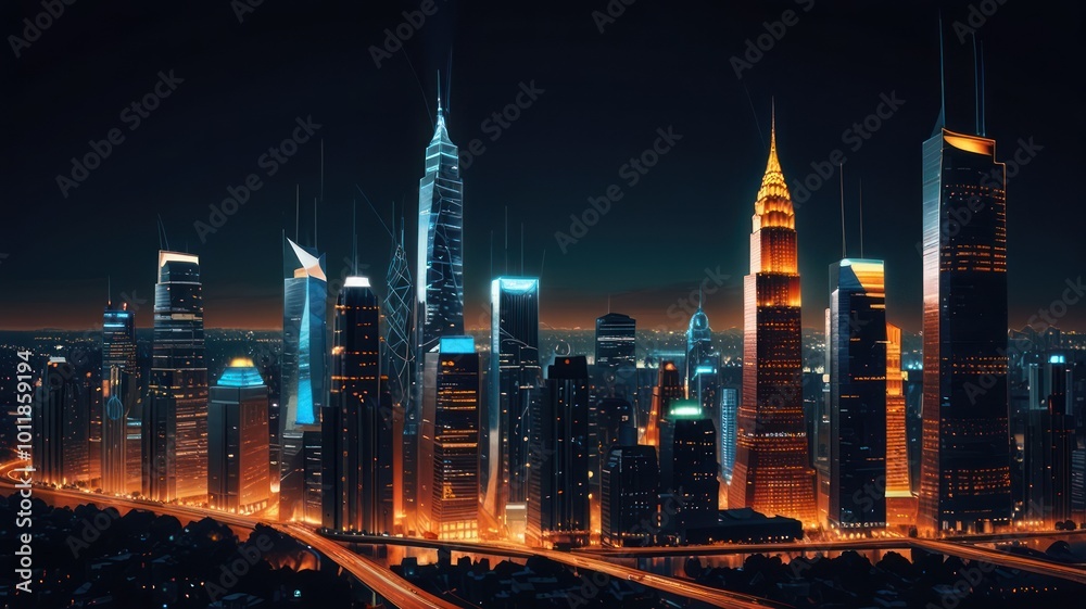 Obraz premium An aerial view of a modern city skyline at night, with skyscrapers illuminated in blue and orange lights.