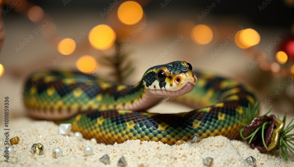 Fototapeta premium Snake and Christmas tree background.