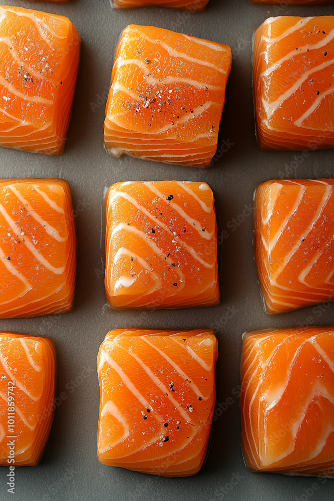 Close up of fresh salmon fillet with spices or herbs