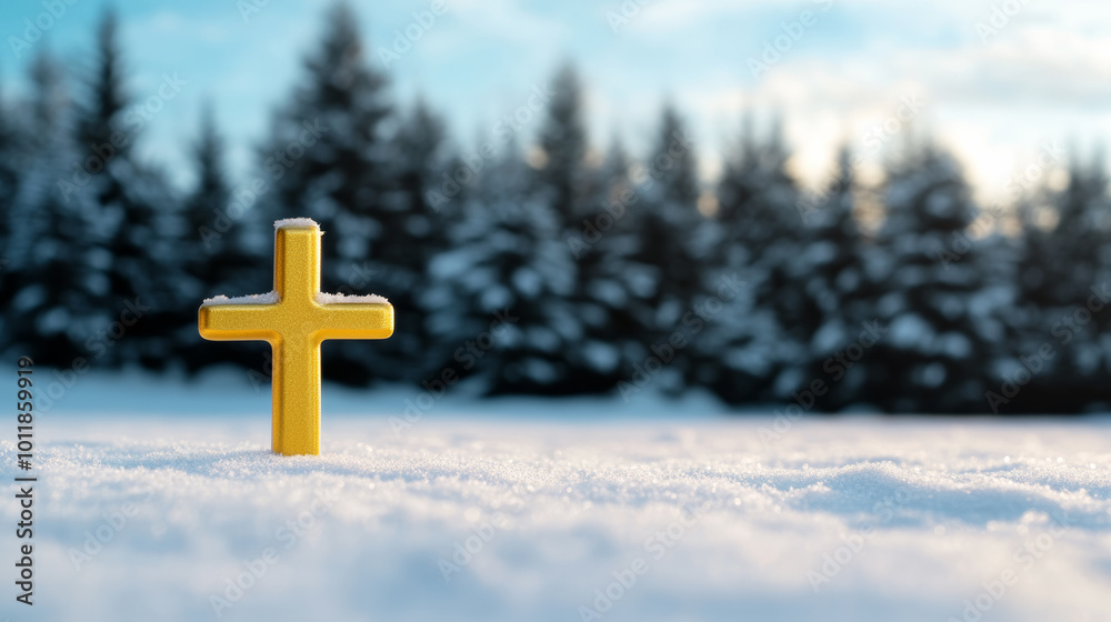 Cross illuminated with warm golden light over snowy Christmas landscape pine trees in background Cross illuminated with warm golden light over snowy Christmas landscape pine trees in background