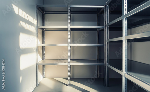 Empty industrial metal shelves in a sunlit storage room, conveying minimalism, organization, or new storage space.