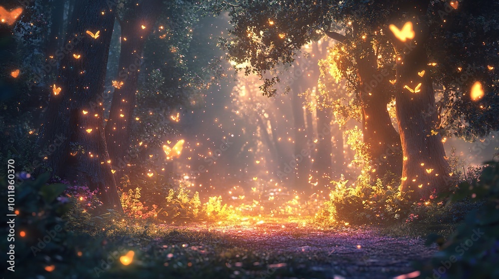 Enchanted Forest with Butterflies and Glowing Light Enchanted Forest with Butterflies and Glowing Light