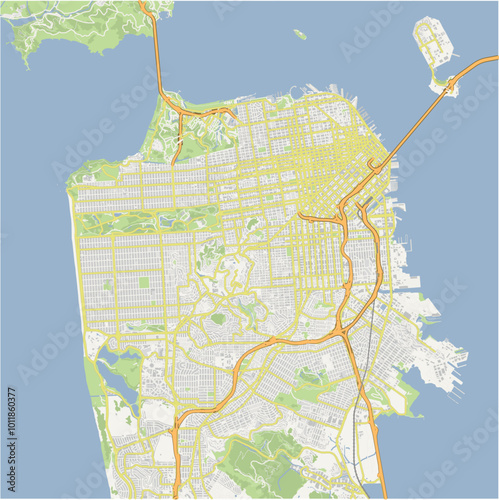 Map of San Francisco in California in a normal road map style. Contains layered vector with roads water, parks, etc.