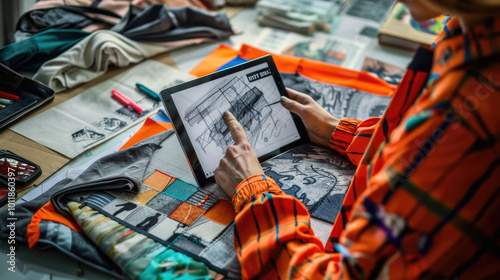 Designer Sketching on Digital Tablet Surrounded by Colorful Fabrics and Design Materials in Creative Studio