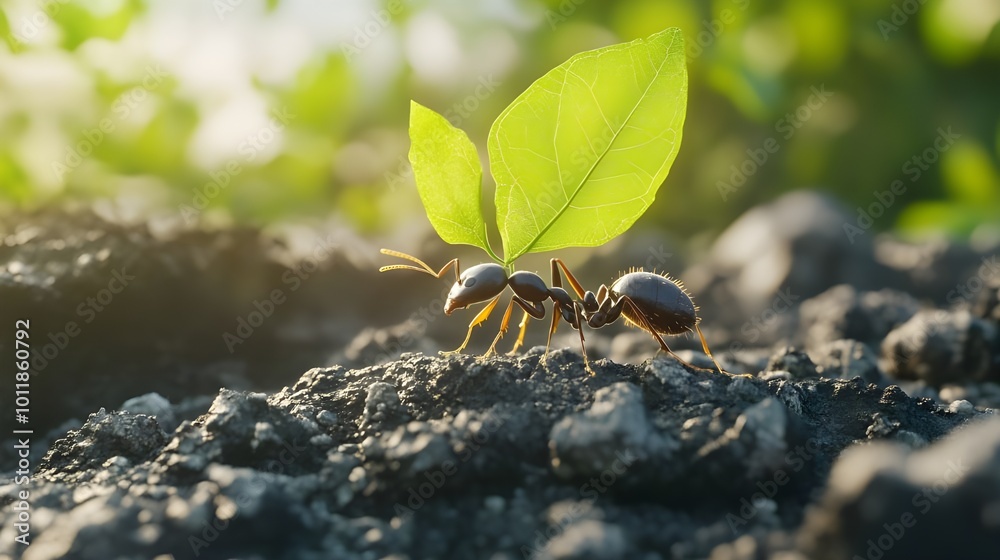 Ant carrying a green leaf in a rocky terrain, symbolizing strength, perseverance, and the resilience of small creatures in nature. Ant carrying a green leaf in a rocky terrain, symbolizing strength, perseverance, and the resilience of small creatures in nature.