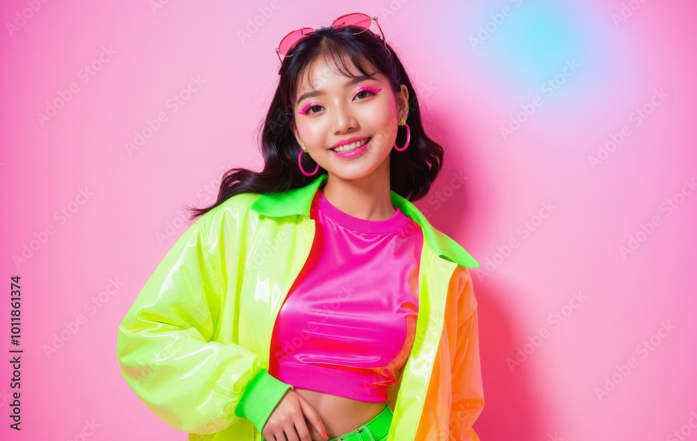 Beautiful Asian woman wearing neon stylish clothes, smiling in fashion colorful background Beautiful Asian woman wearing neon stylish clothes, smiling in fashion colorful background
